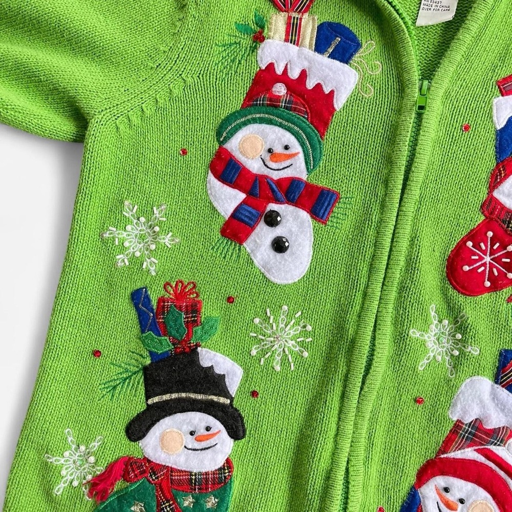 Vintage Tiara International Christmas Green Knit Embroidered Snowman Cardigan - Picture 3 of 8